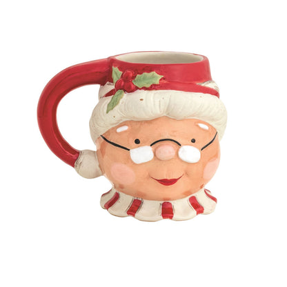 Mudpie Mrs. Claus ceramic Christmas figural mug with holly accent and red handle