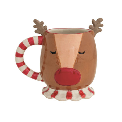 Mudpie ceramic reindeer mug with red nose, antlers, candy cane striped handle and base