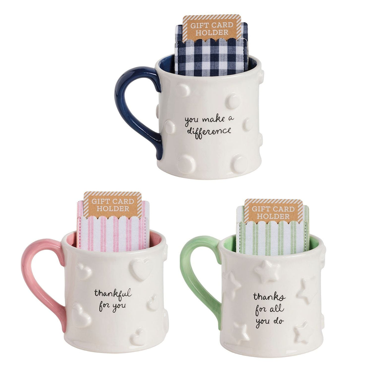 Mudpie white ceramic thank you mugs with colored handles and fabric gift card sleeves, 3 styles