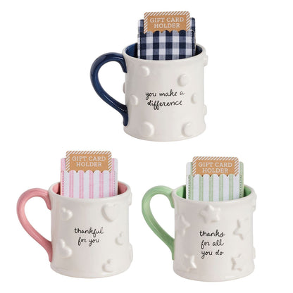 Mudpie white ceramic thank you mugs with colored handles and fabric gift card sleeves, 3 styles