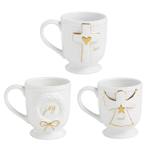 White pedestal stoneware mugs with gold cross, angel, and wreath Christmas holiday designs