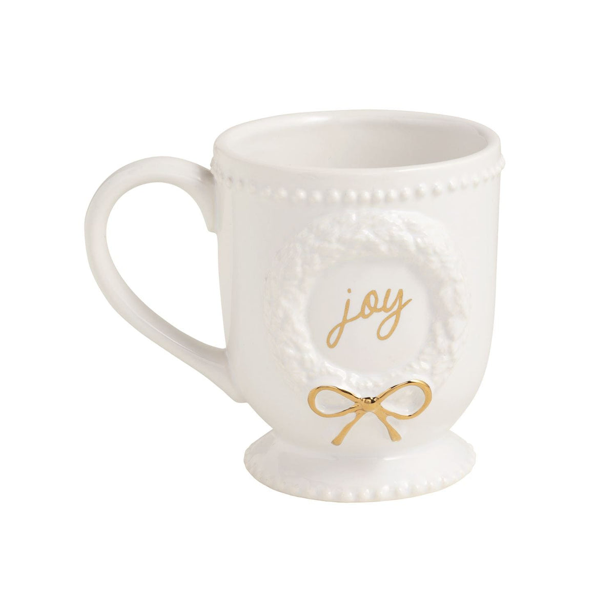 White footed ceramic mug with embossed wreath, gold Joy script and bow accent