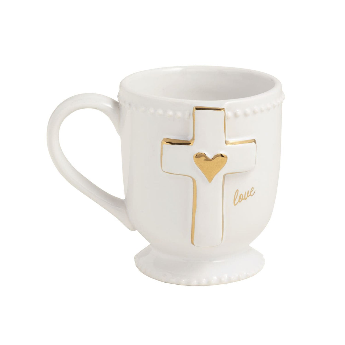 White ceramic footed mug with gold cross, heart, and 'love' script detail