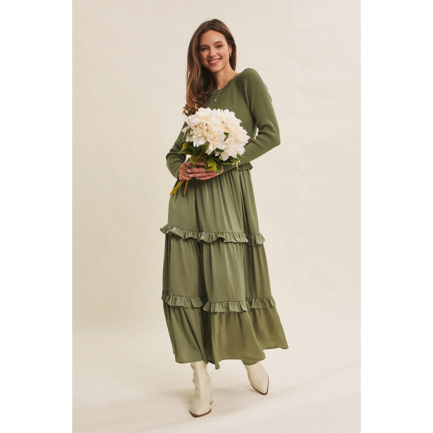 COMFORTABLE SWEATER AND SATIN TWOFER MAXI DRESS