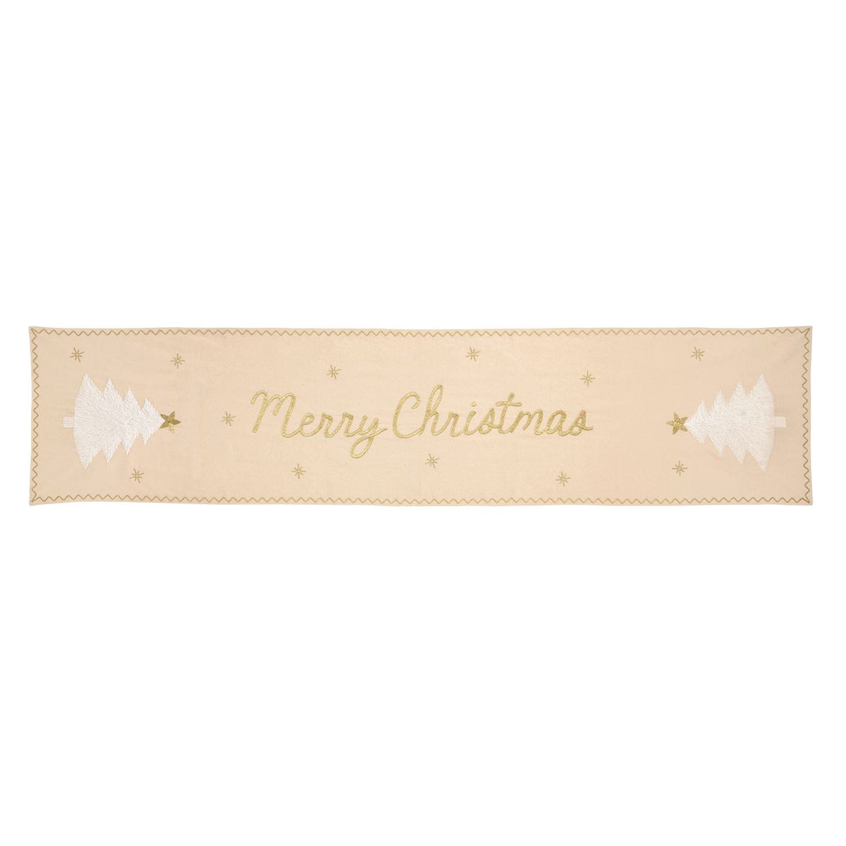 Cream embroidered Merry Christmas table runner with gold script and white trees