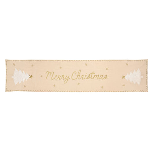 Cream embroidered Merry Christmas table runner with gold script and white trees