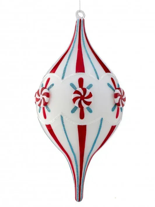 Elongated finial Christmas ornament with red stripes, peppermint candy decorations, and teal glitter accents
