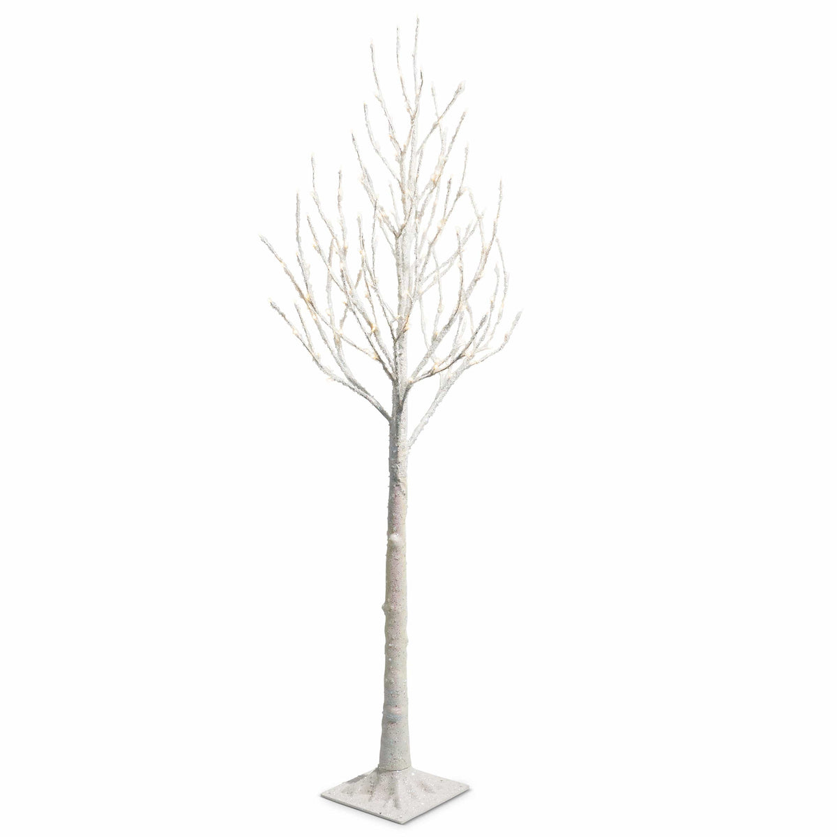 Tall snow-flocked bare branch tree with warm white LED lights on a square base