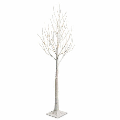 Tall snow-flocked bare branch tree with warm white LED lights on a square base