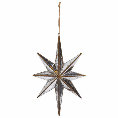 Eight-pointed 3D star ornament with distressed mirrored panels and aged gold metal edging, hanging from jute twine