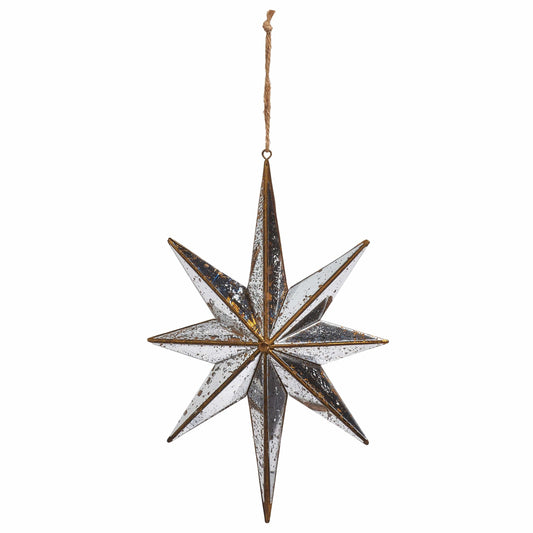 Eight-pointed 3D star ornament with distressed mirrored panels and aged gold metal edging, hanging from jute twine