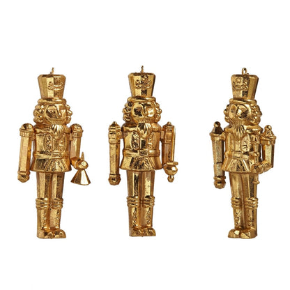 Set of three gold metallic nutcracker soldier Christmas ornaments with hanging loops