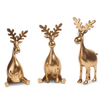 Set of three gold metallic reindeer figurines with wire glasses and antlers