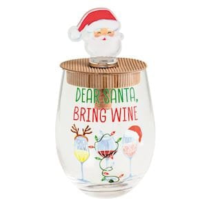 Mudpie stemless wine glass with Santa stopper lid, Dear Santa Bring Wine text