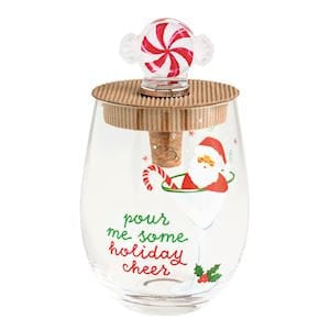 Stemless wine glass with Santa print and peppermint candy cork stopper lid