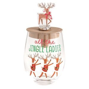 Stemless wine glass with reindeer lid topper and 'All the Jingle Ladies' holiday print