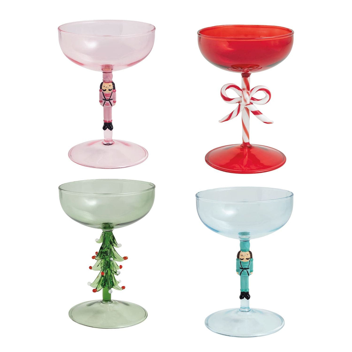 Four festive Christmas coupe glasses in pink, red, green, and blue with holiday figural stems