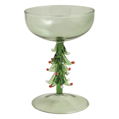Green glass coupe with Christmas tree stem decorated with red and white ornaments