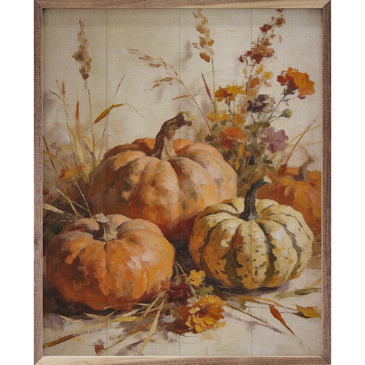 Framed oil painting of harvest pumpkins with autumn wildflowers and dried grasses