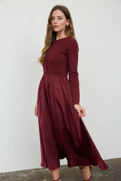 Knit Cardigan Satin Skirt Twofer Midi Dress