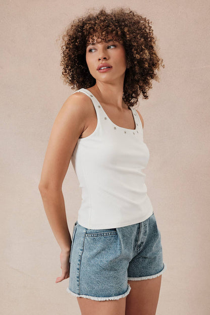 U- Neck Eyelet Ribbed Tank Top