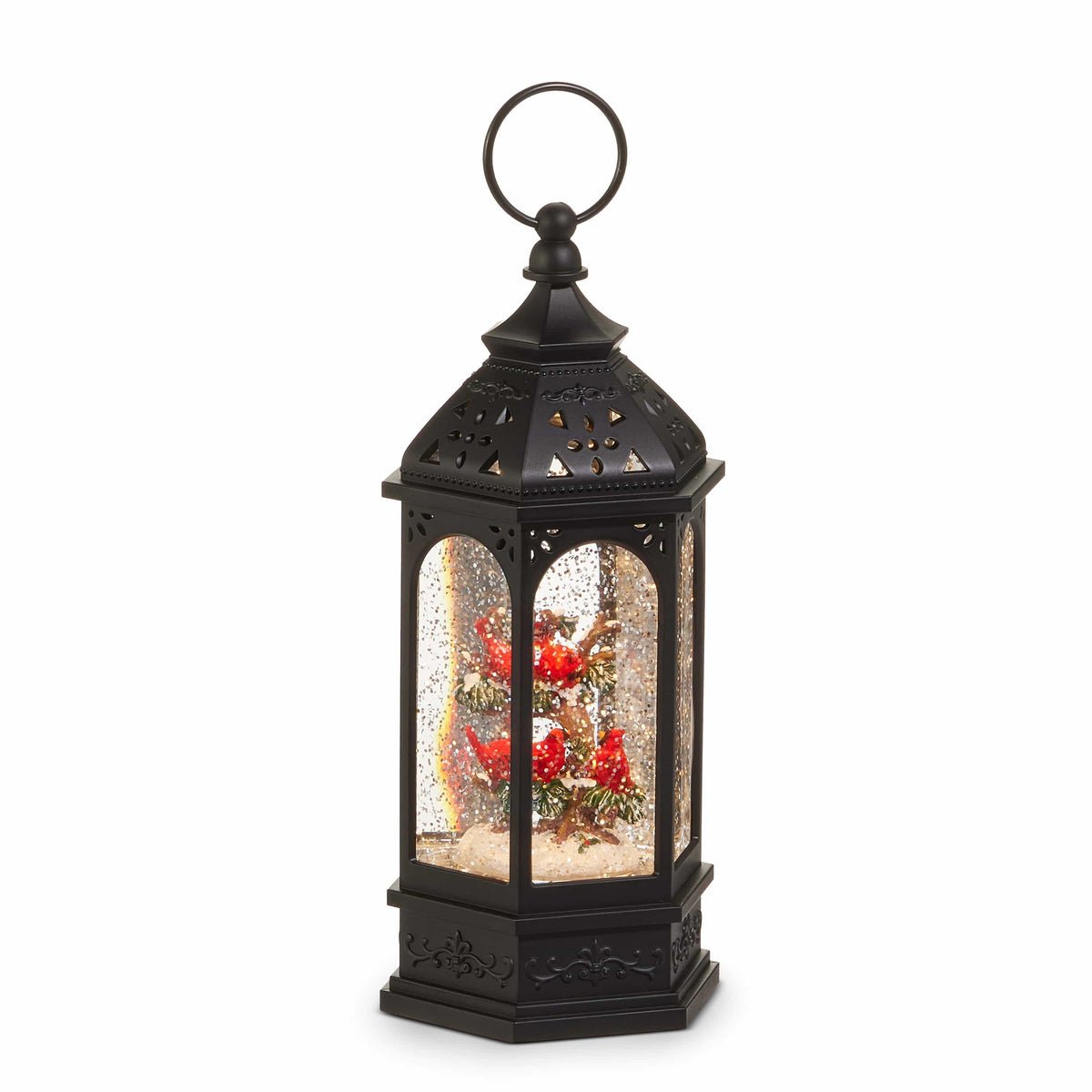 Black hexagonal lighted water lantern with cardinal bird figurines inside glittered water globe