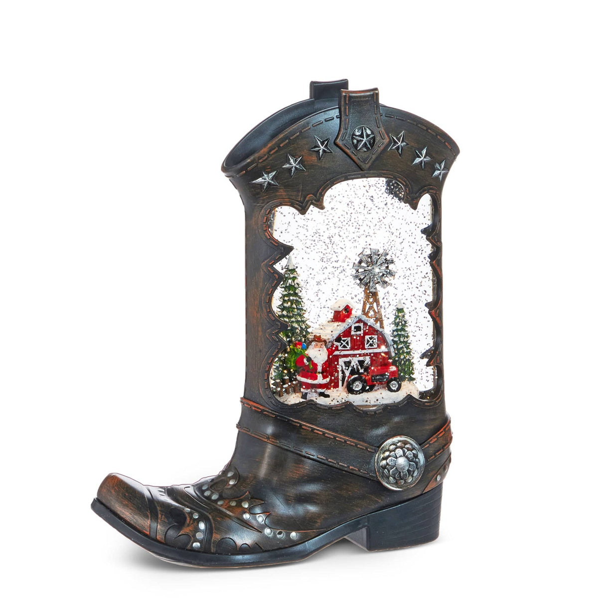 Decorative cowboy boot snow globe with Santa farm scene, windmill, and glitter, side view