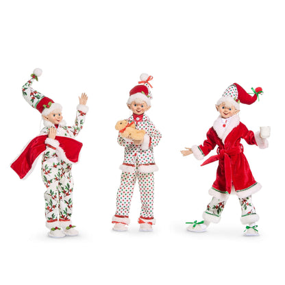 Set of three posable elf figurines in Christmas pajamas, robe, and sleepwear with pointed hats