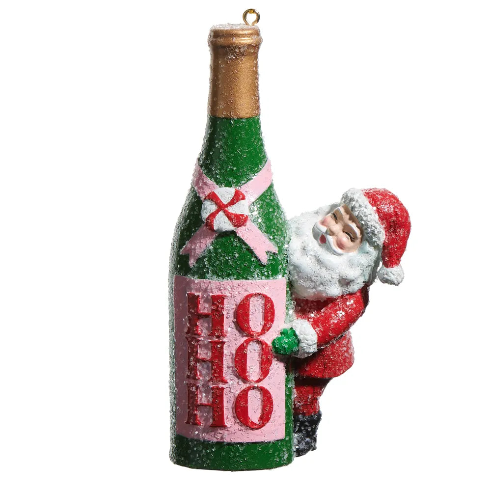 Santa Claus figurine hugging a green Ho Ho Ho champagne bottle Christmas ornament