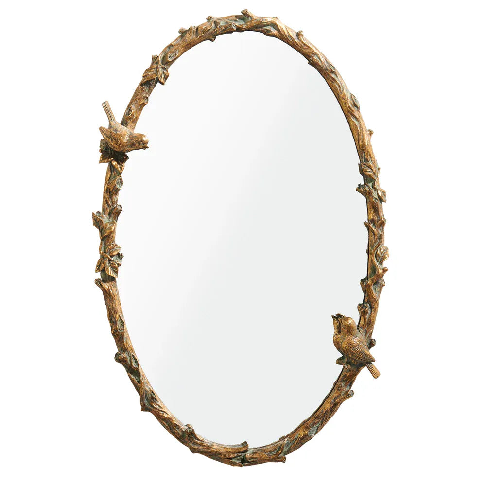 28" Gold Bird on Branch Oval Wall Mirror