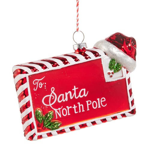 Glass Christmas ornament shaped like a red letter envelope addressed to Santa at the North Pole