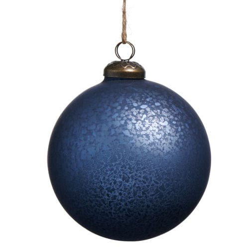 Round mercury glass ball ornament with speckled texture, antique brass cap, and twine hanger