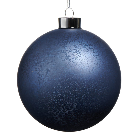 Round ball Christmas ornament with mottled mercury glass finish and silver metal cap, front view