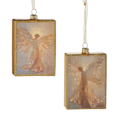 Two rectangular glass ornaments with gold glitter borders featuring painted angel figures, hung by ribbon and metal cap