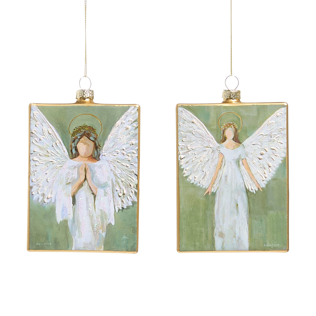 Two rectangular glass ornaments featuring painted angels with white wings on a sage green background