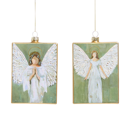 Two rectangular glass ornaments featuring painted angels with white wings on a sage green background