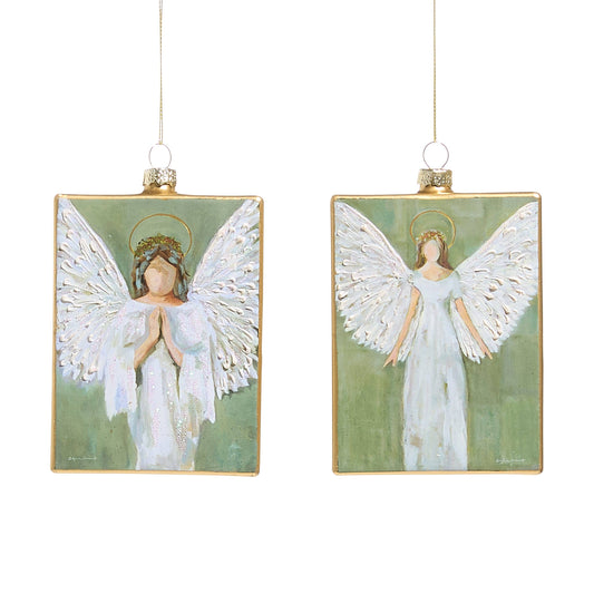 Two rectangular glass ornaments featuring painted angels with white wings on a sage green background