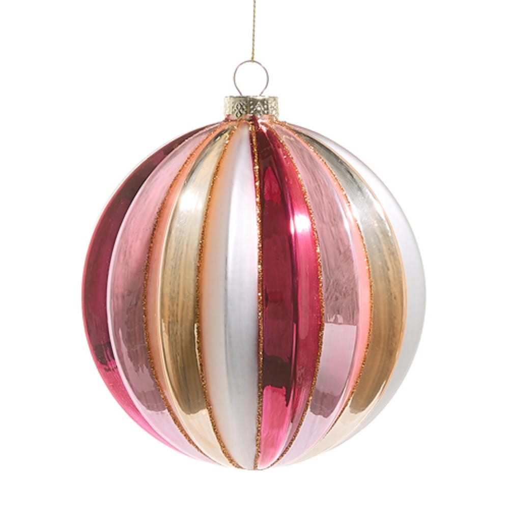Shiny ribbed ball ornament with pink, magenta, gold, and white vertical stripes, hanging on string