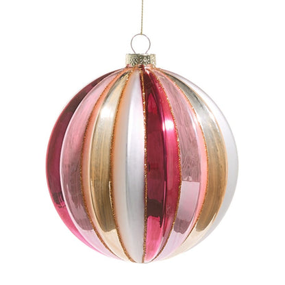 Shiny ribbed ball ornament with pink, magenta, gold, and white vertical stripes, hanging on string