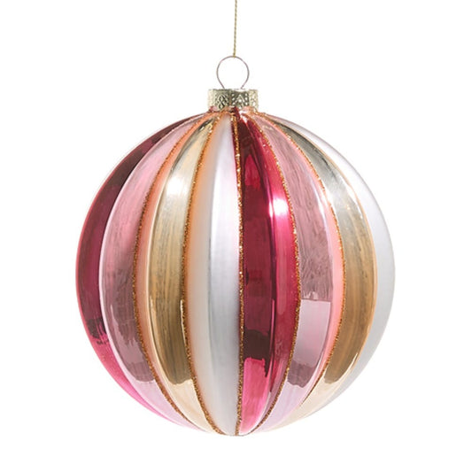 Shiny ribbed ball ornament with pink, magenta, gold, and white vertical stripes, hanging on string