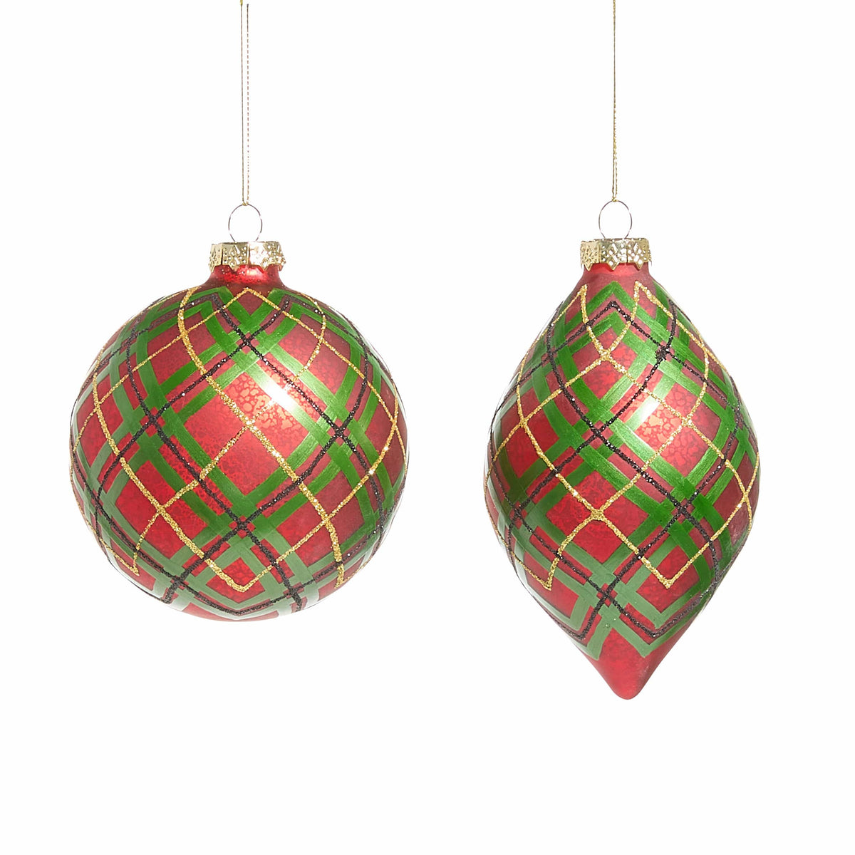 Two glass Christmas ornaments with red and green plaid pattern, one round and one teardrop shape