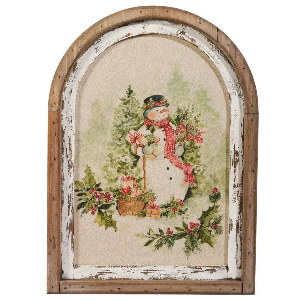 Arched distressed wood framed wall art with vintage watercolor snowman and holly