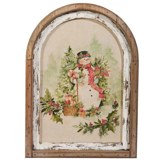 Arched distressed wood framed wall art with vintage watercolor snowman and holly
