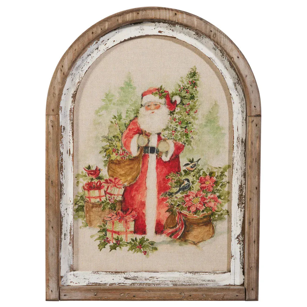 Distressed arched wood framed watercolor Santa print with gifts, poinsettias, and birds