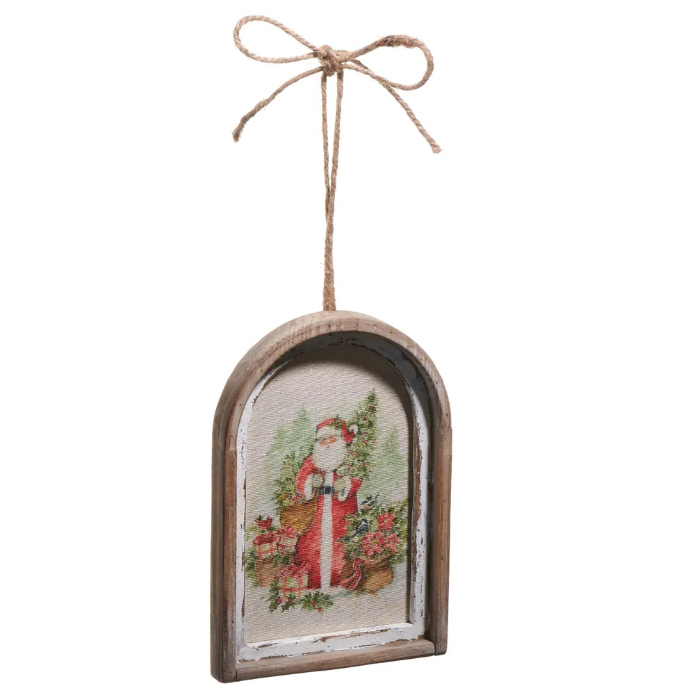 Rustic arched wood frame ornament with Santa watercolor art and jute bow hanger