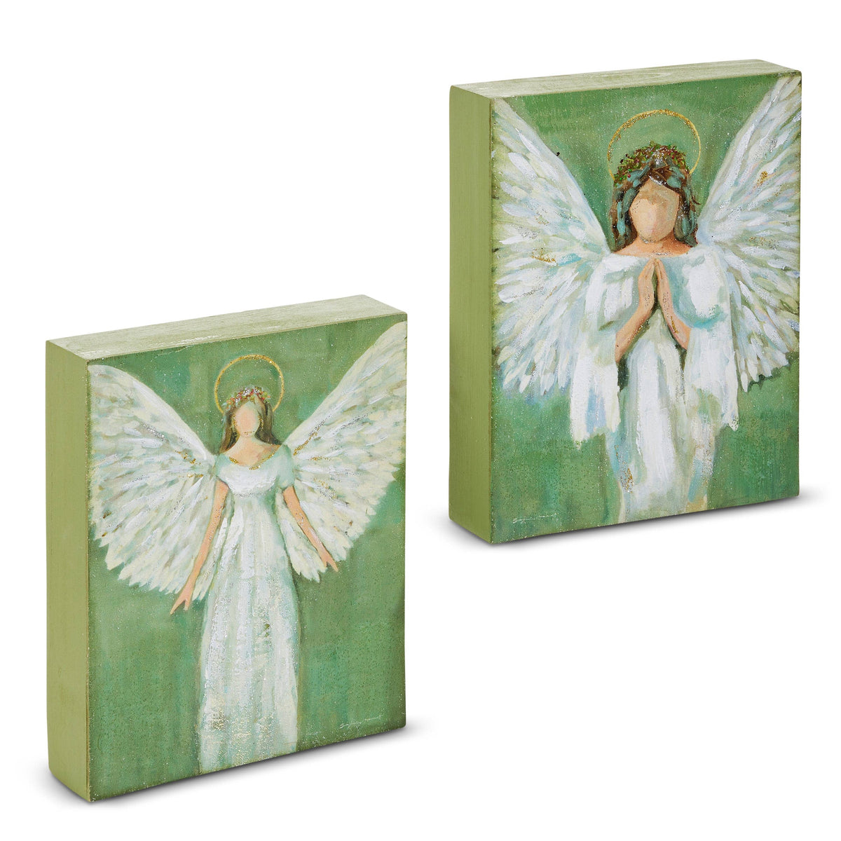 Two rectangular wooden blocks painted with praying and standing angels on green background