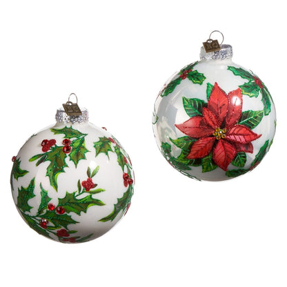 White glass Christmas ornaments with glitter holly and red poinsettia designs, set of two