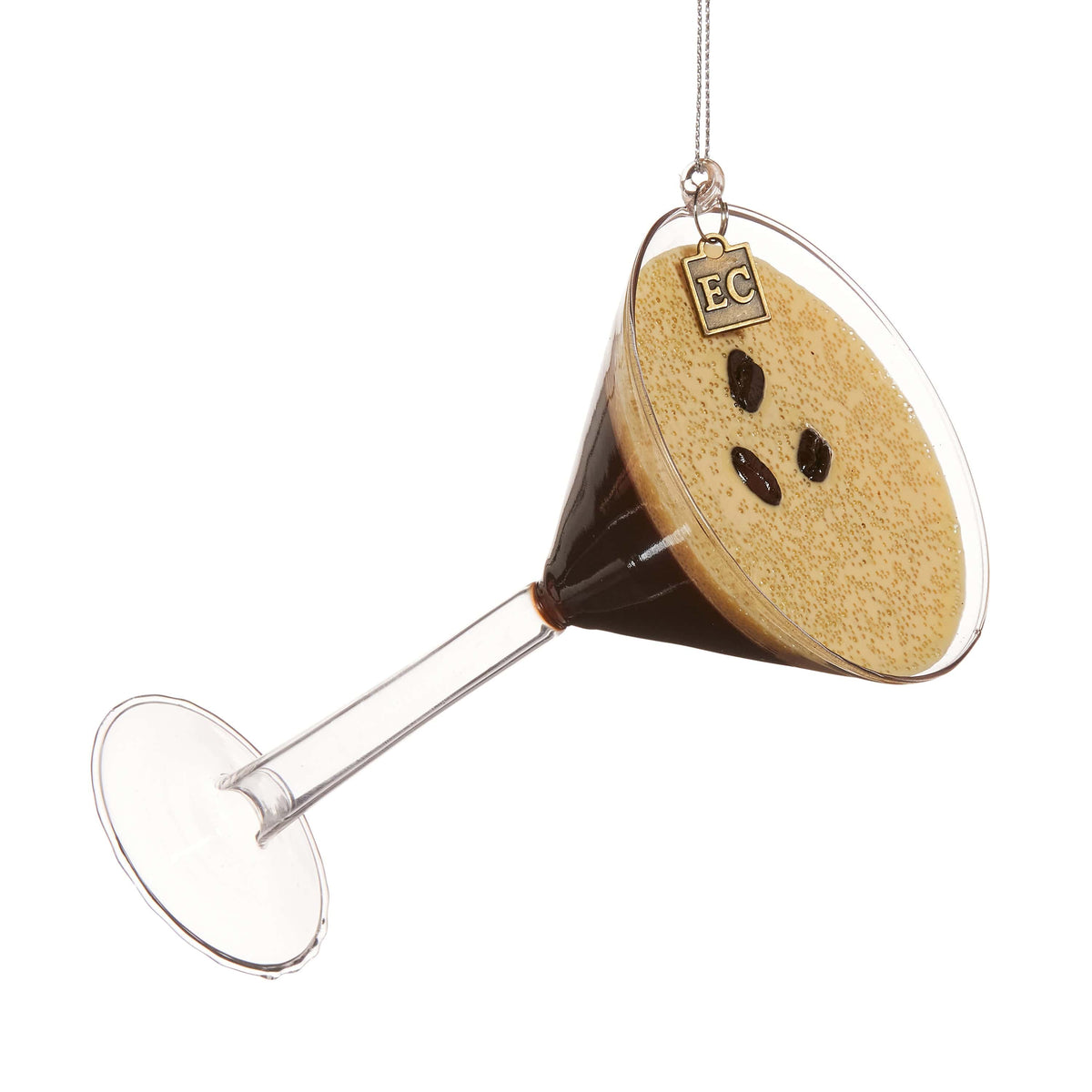 Espresso martini cocktail Christmas ornament with coffee beans on foam top, hanging diagonally