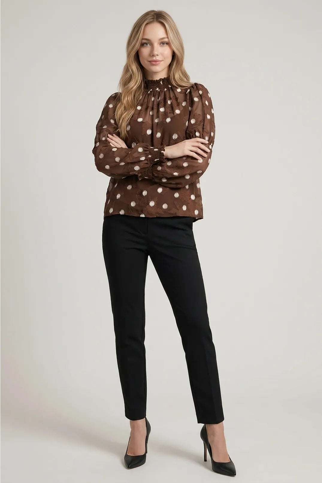 Doe and Rae brown polka dot smocked mock neck long sleeve blouse