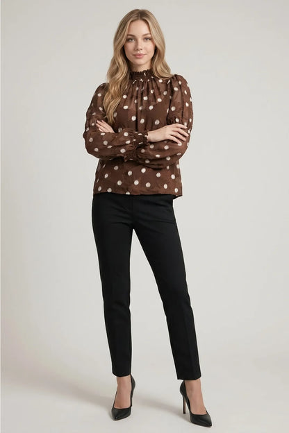 Doe and Rae brown polka dot smocked mock neck long sleeve blouse